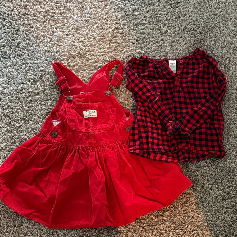3T toddler girl matching plaid button up shirt and overall dress